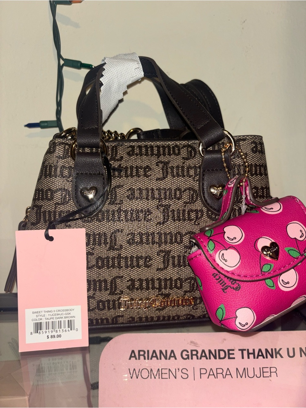 Juicy Couture Taupe Brown Logo Satchel with Pink Cherry Coin Pouch